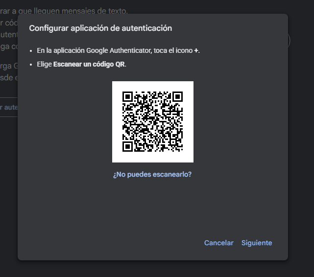 Ventana Configurar aplicación de autenticación mostrando el código QR