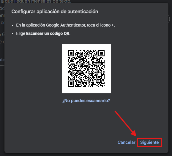 Ventana del código QR con el botón Siguiente resaltado