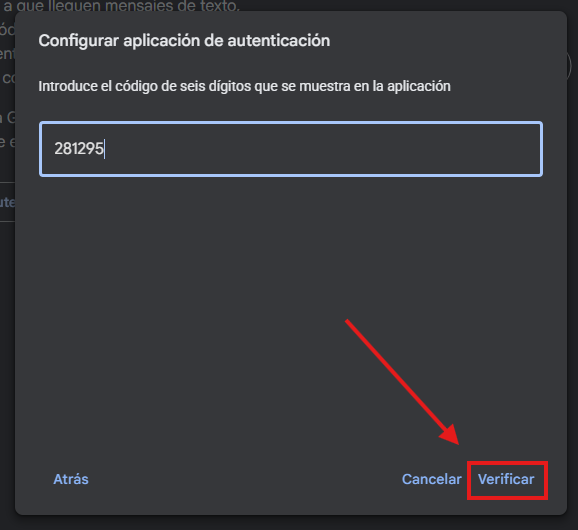 Ventana para introducir el código de seis dígitos y verificar