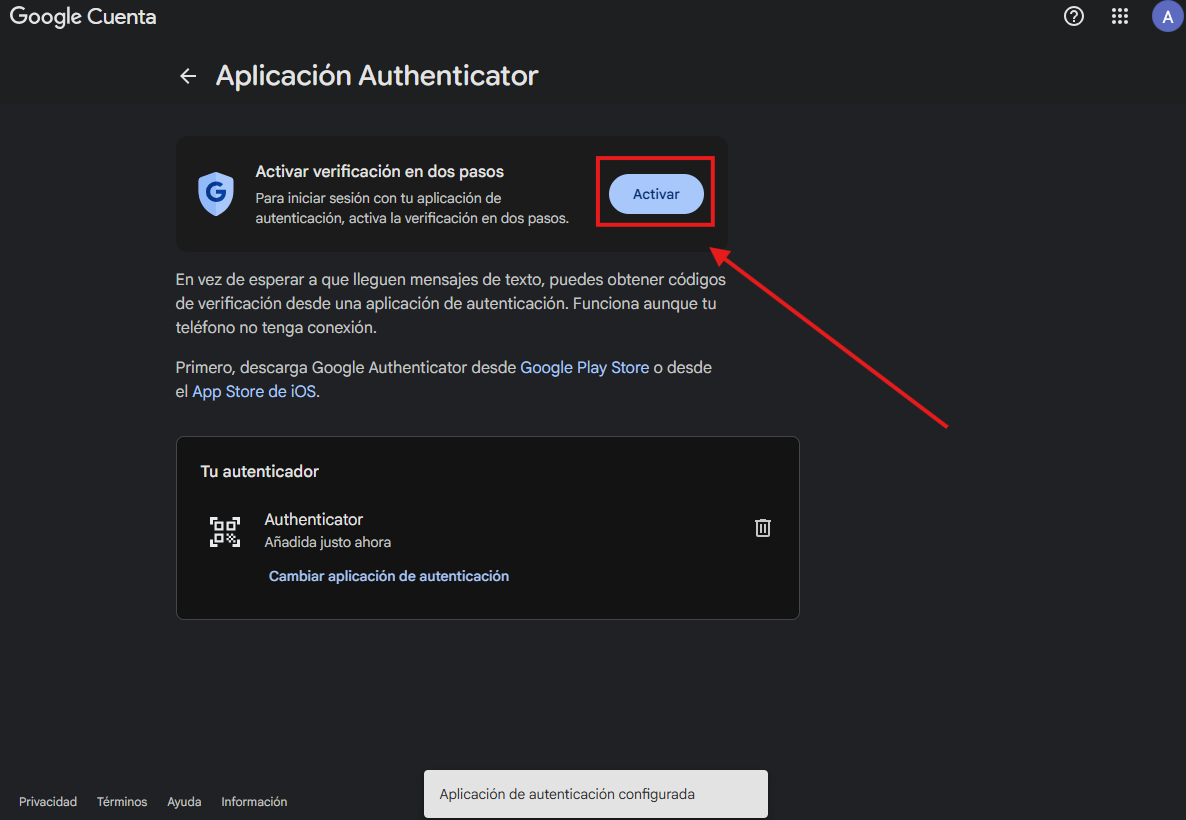 Pantalla Aplicación Authenticator con el botón Activar resaltado