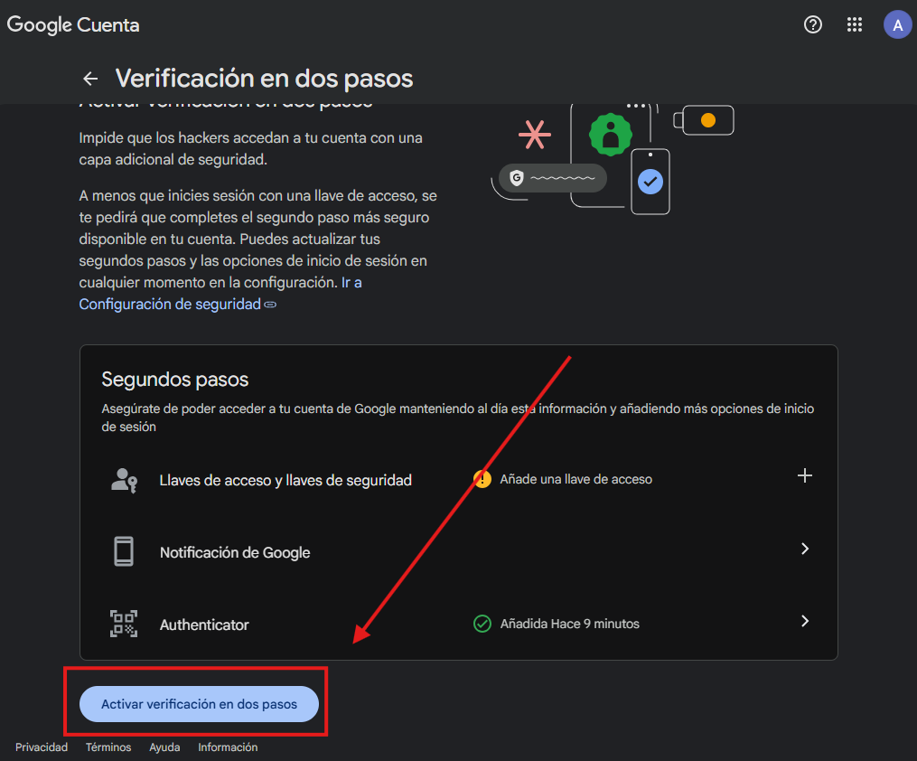 Segundos pasos con Authenticator agregado y el botón Activar verificación en dos pasos