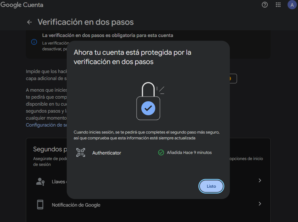 Mensaje Ahora tu cuenta está protegida por la verificación en dos pasos
