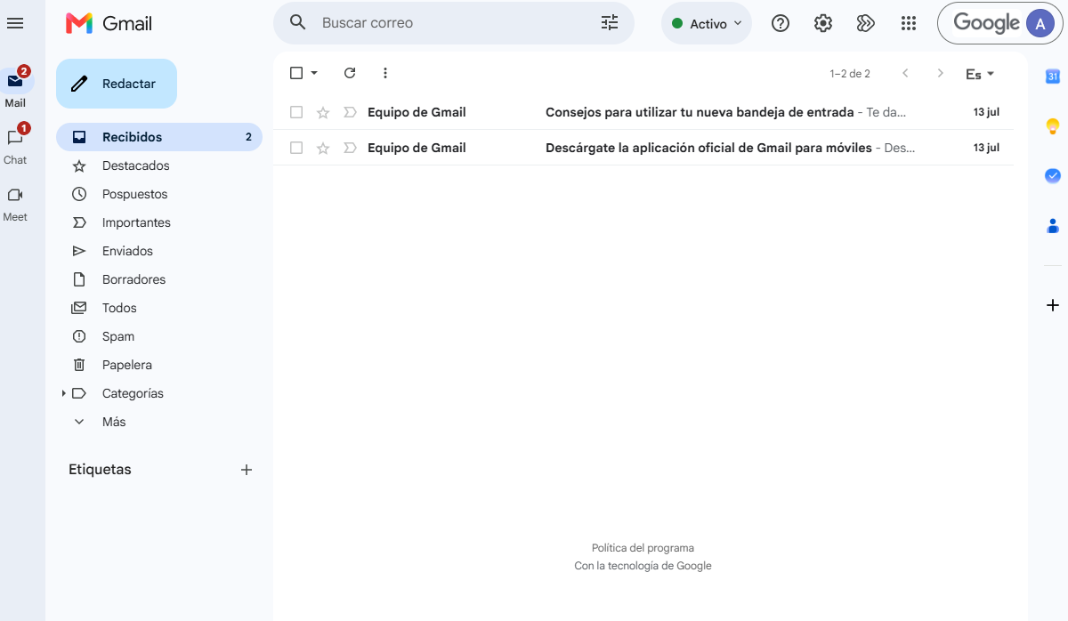Bandeja de entrada de Gmail con el ícono de la cuenta arriba a la derecha
