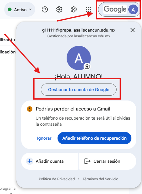Menú de la cuenta con el botón Gestionar tu cuenta de Google resaltado