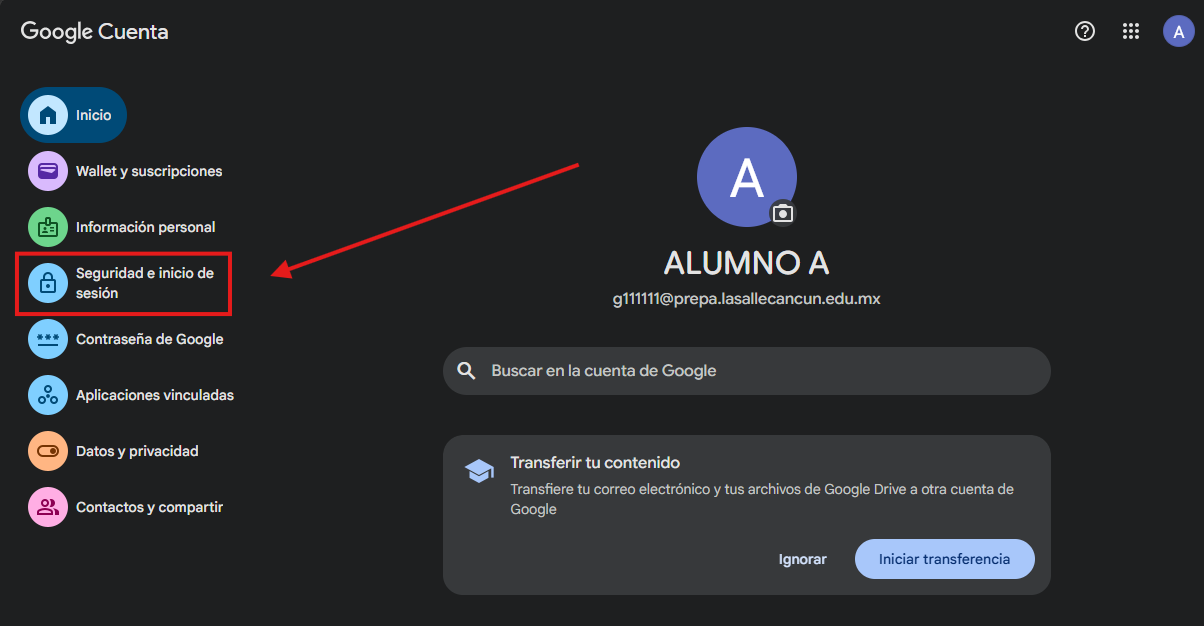 Página de la cuenta de Google con la opción Seguridad e inicio de sesión resaltada