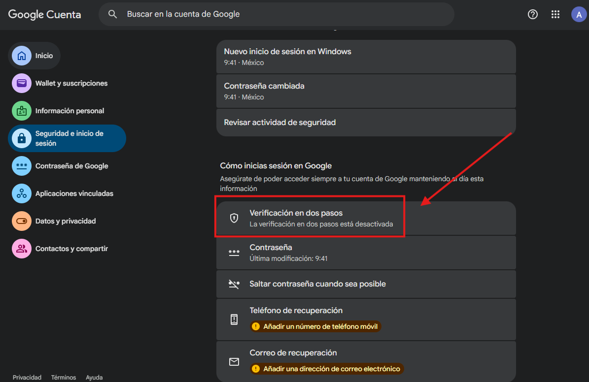 Sección Cómo inicias sesión en Google con Verificación en dos pasos resaltada