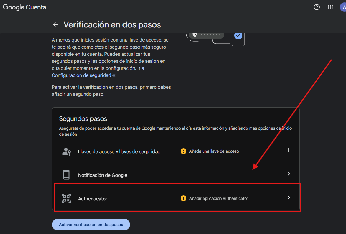 Lista de segundos pasos con la opción Authenticator resaltada