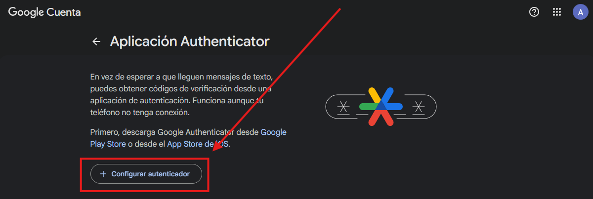 Pantalla Aplicación Authenticator con el botón Configurar autenticador