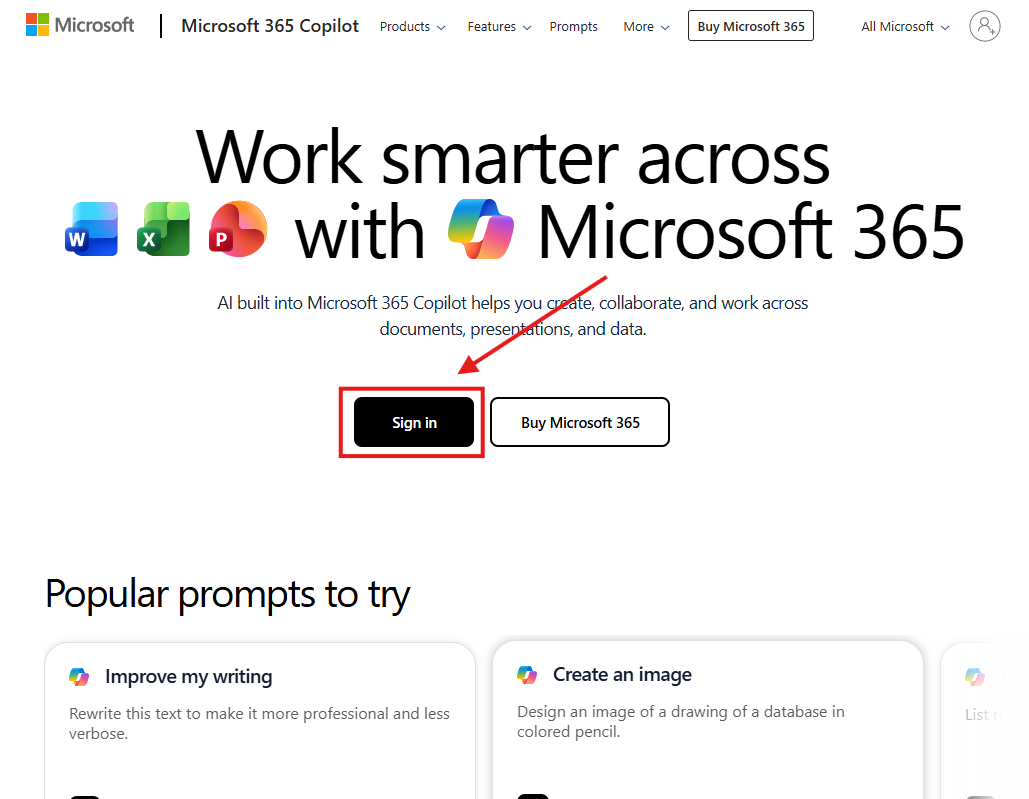 Página de Microsoft 365 con el botón Iniciar sesión resaltado