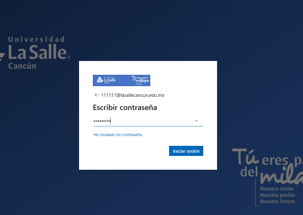 Pantalla para escribir la contraseña de la cuenta La Salle Cancún