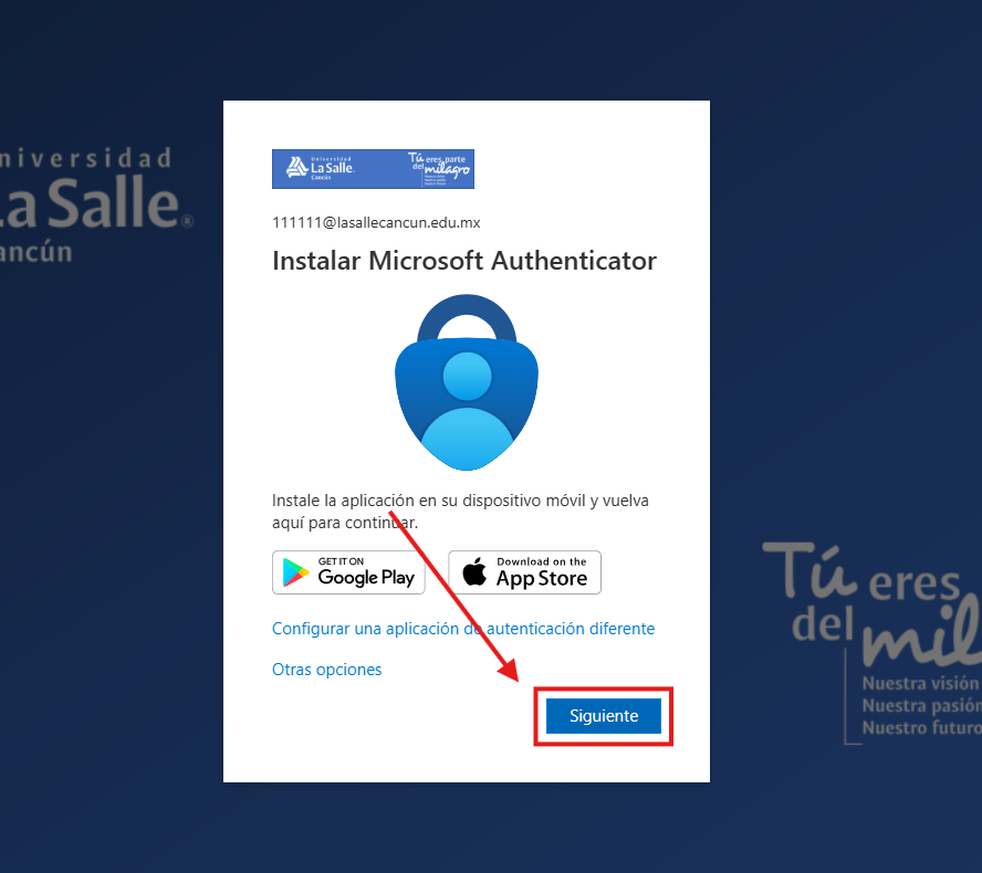 Pantalla Instalar Microsoft Authenticator con botón Siguiente