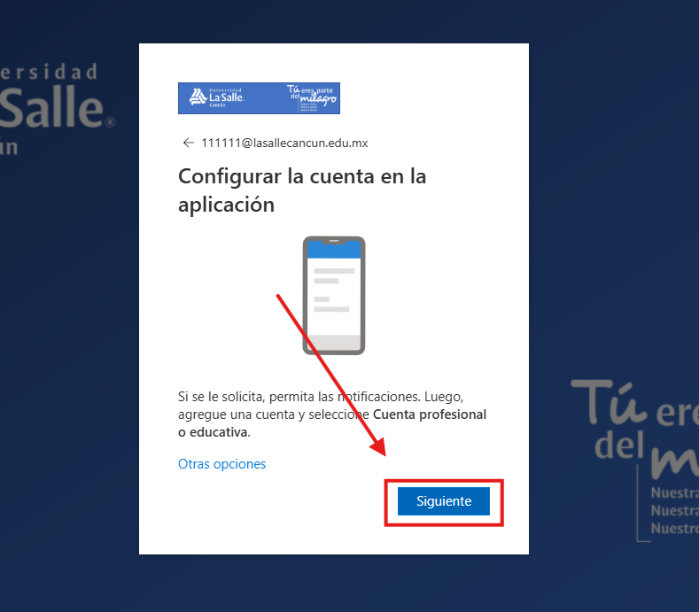 Pantalla Configurar la cuenta en la aplicación