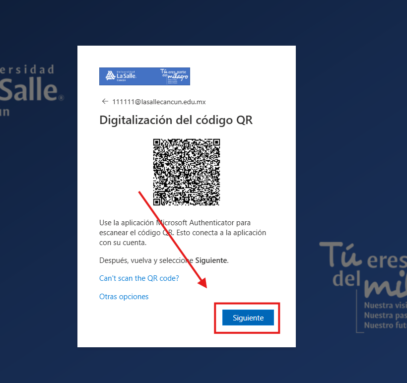 Pantalla Digitalización del código QR con botón Siguiente