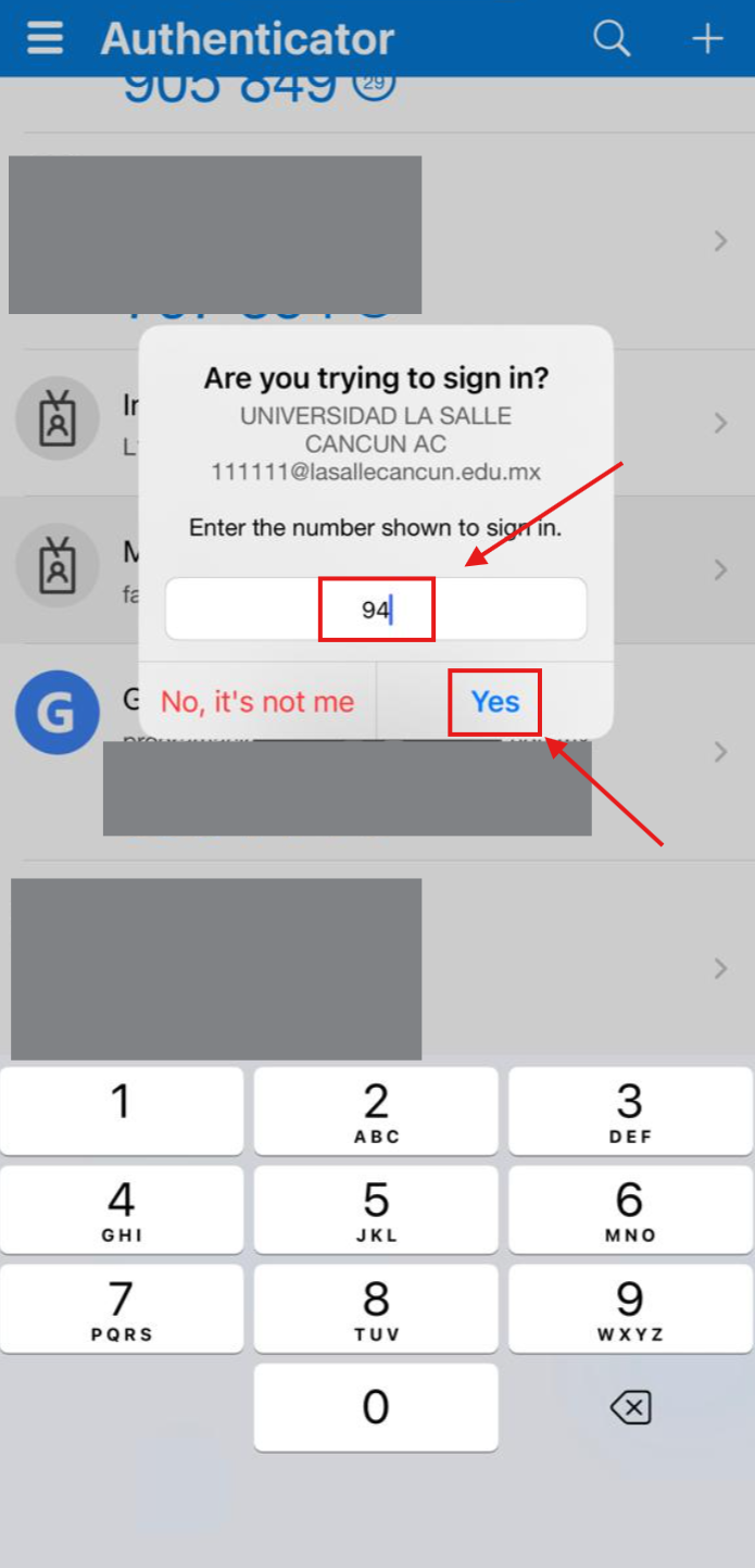 Notificación en el teléfono para escribir el número y aprobar