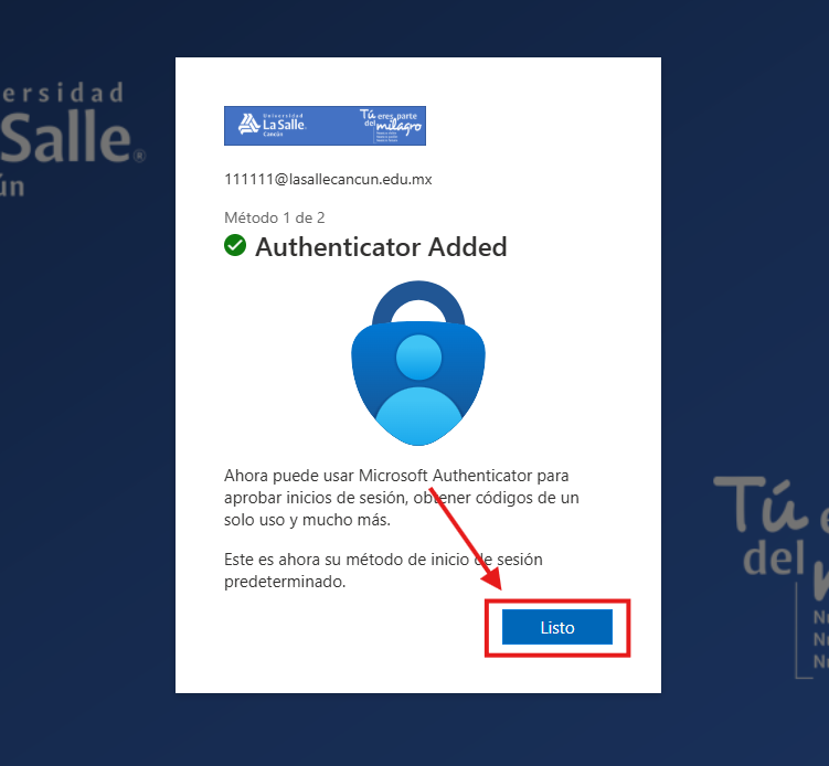Pantalla Authenticator Added con botón Listo