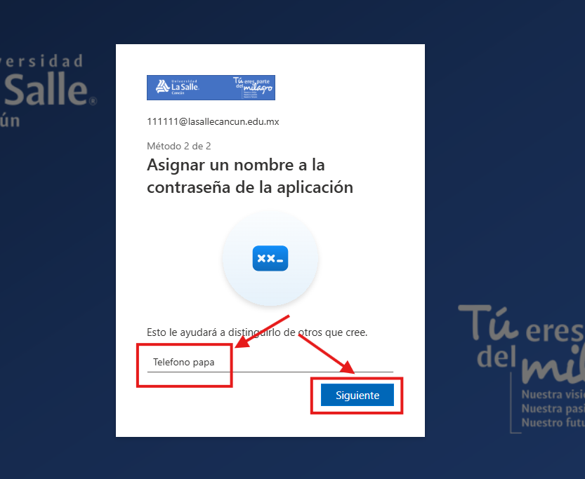 Pantalla para asignar un nombre a la contraseña de aplicación