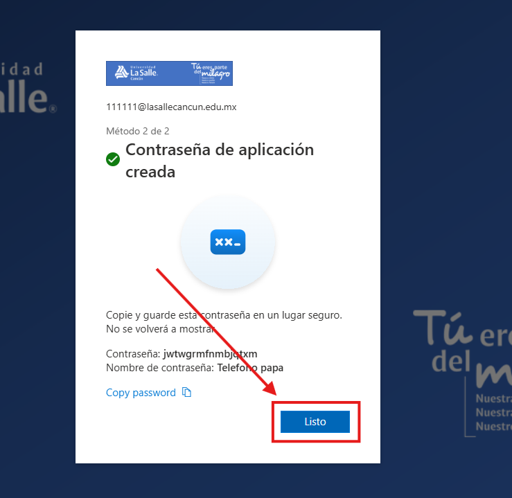 Pantalla Contraseña de aplicación creada con opción de copiar