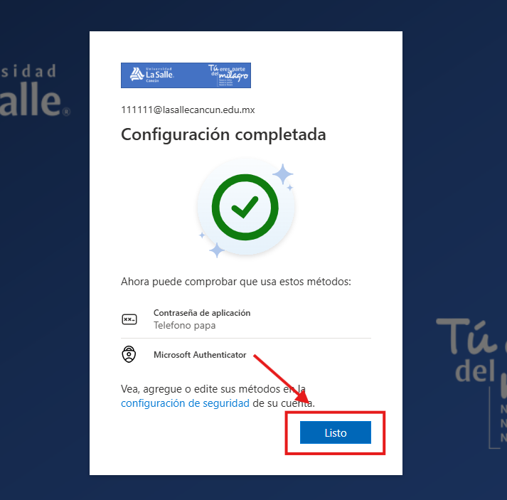 Pantalla Configuración completada con los métodos activos